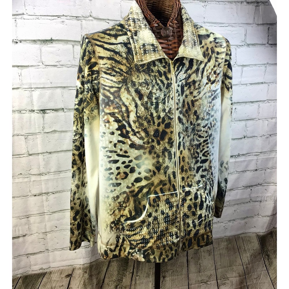 Ladies Chicos Zenergy Collared Zip Front Leopard Print Top XL